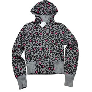 VTG Y2K Vanity Grey Leopard Skull Pink Heart Zip Up Hoodie Sweatshirt M Trashy